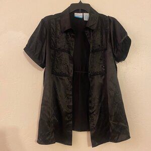 Announcement Maternity Black Satin Button Down Jeweled Short Sleeve Shirt Size L